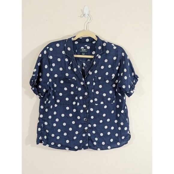 Maeve Navy Polka Dots Button Down 109% Linen Shirt Size Medium Beach Nautical - Picture 3 of 12